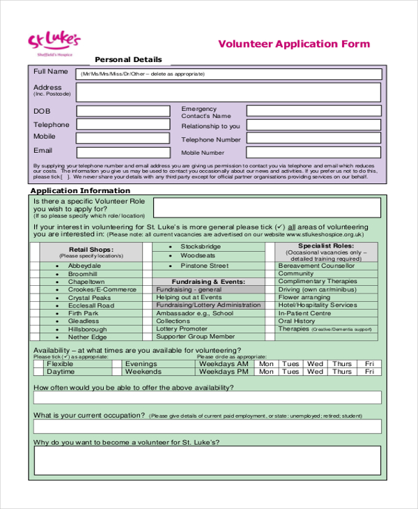 FREE 10+ Sample Volunteer Application Forms in PDF | MS Word | Excel