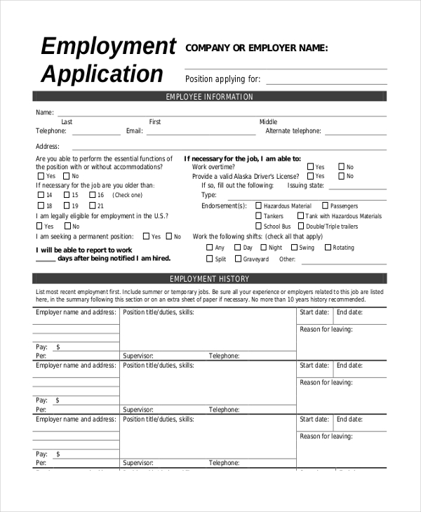 general employment application form