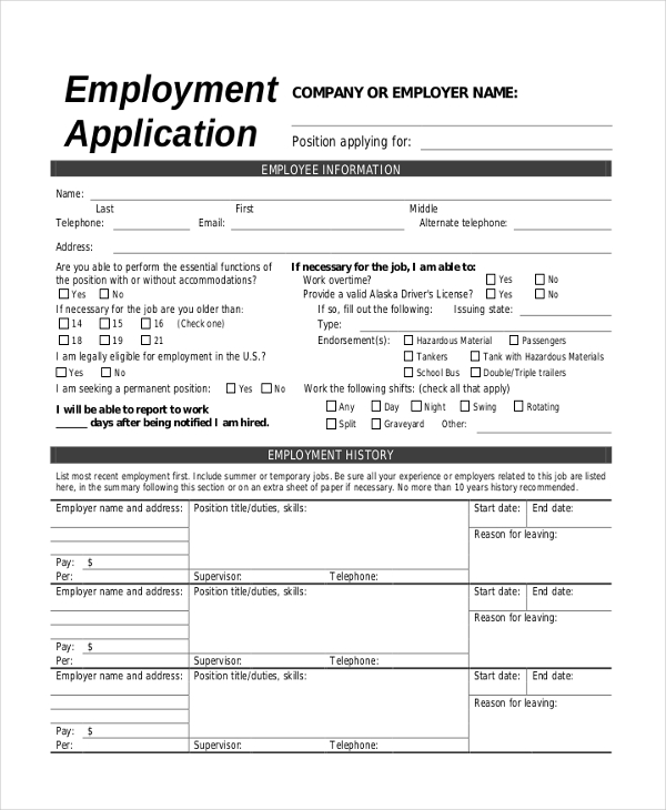 general job application form printable
