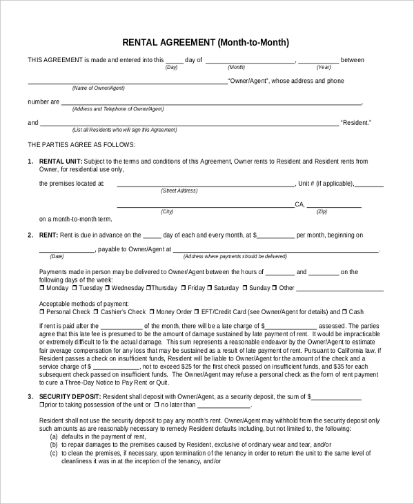 FREE 8+ Sample Month to Month Rental Agreement Forms in PDF MS Word