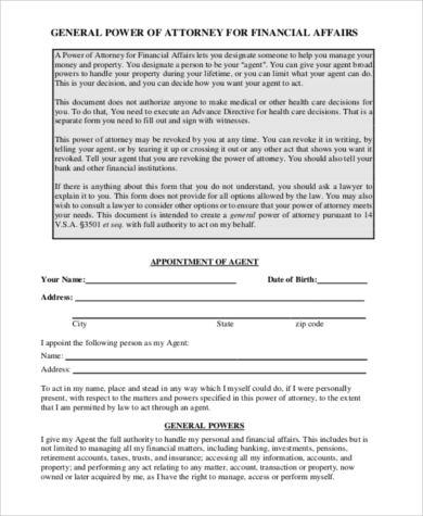 general power of attorney for financial affairs form