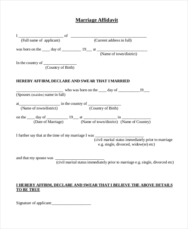 general marriage affidavit form