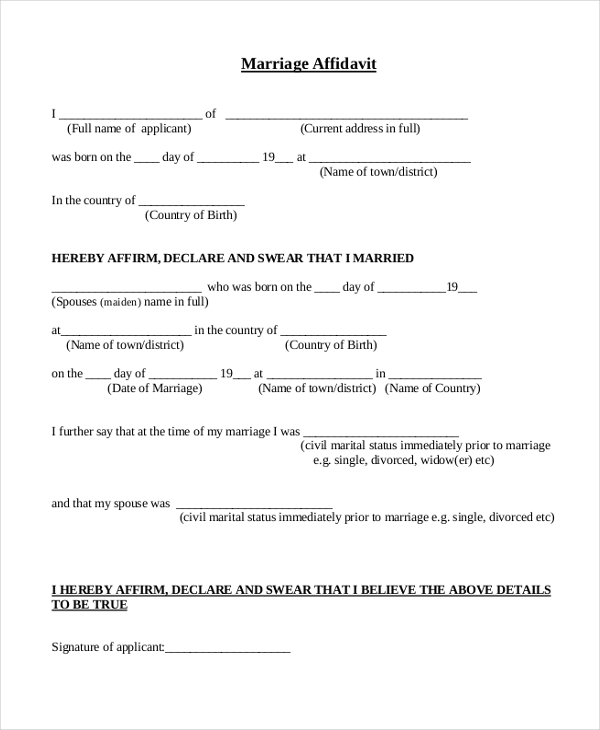 General Marriage Affidavit Form 