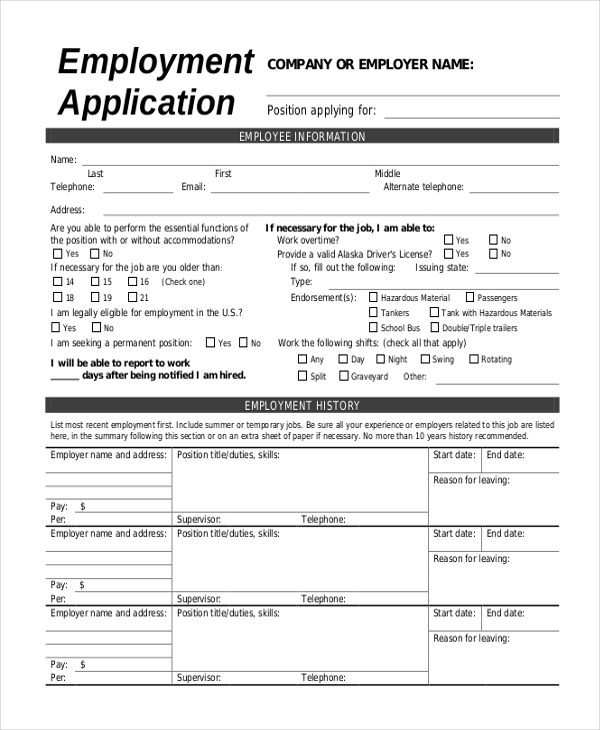generic blank employment application