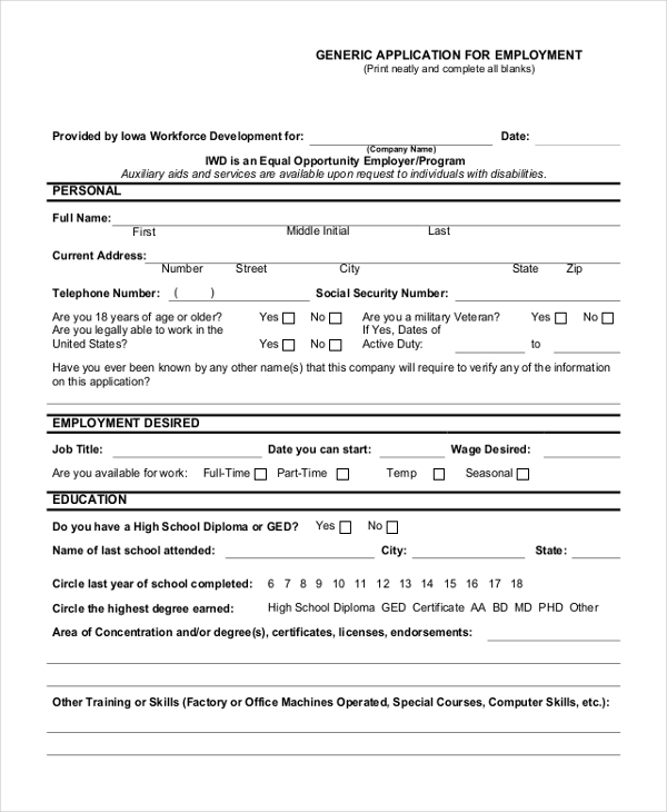 FREE 14  Employment Application Samples PDF MS Word Google Docs