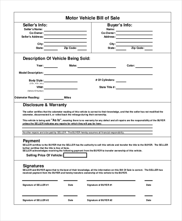 FREE 10+ Sample Motor Vehicle Bill of Sale Forms in PDF MS Word