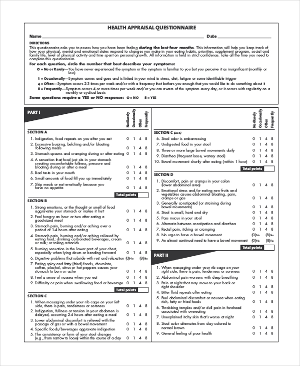 health appraisal questionnaire form