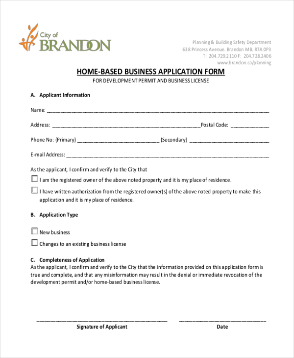 home based business application form