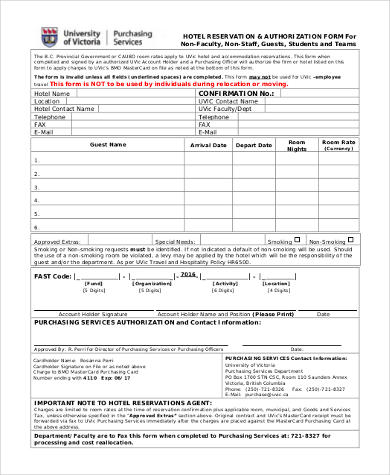 hotel reservation authorization form 