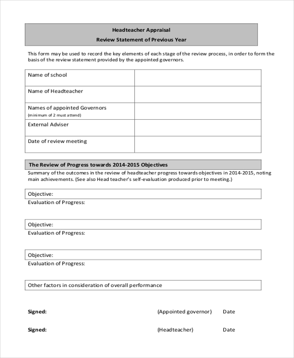 headteacher appraisal form