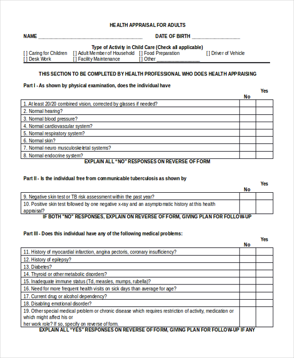 health appraisal form for adults