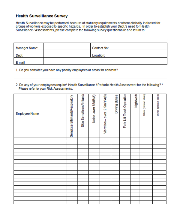 form for health questionnaire employees Survey in Sample 9 Doc,   Example PDF Free  Documents Form