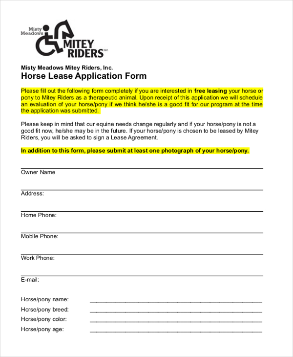 horse lease application form