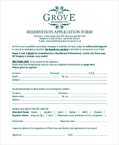 hotel reservation application form