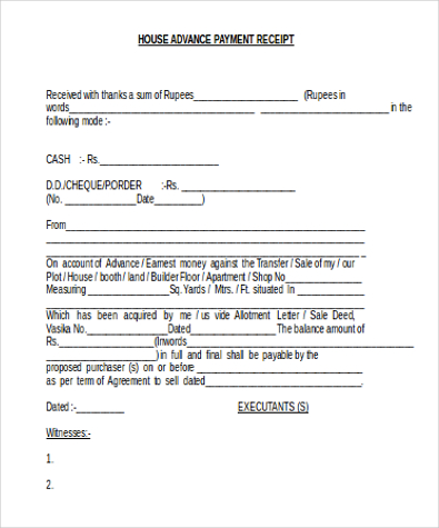 house advance payment receipt format