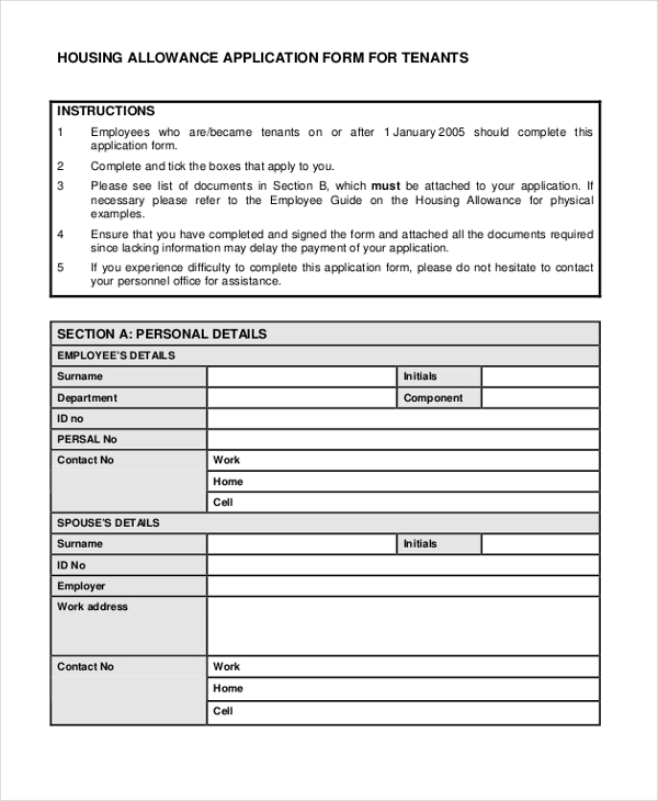 Housing units job application form