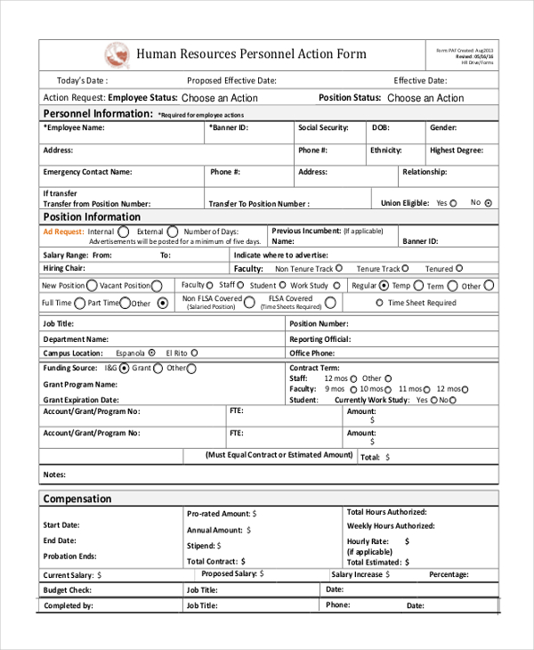 human resources personnel action form