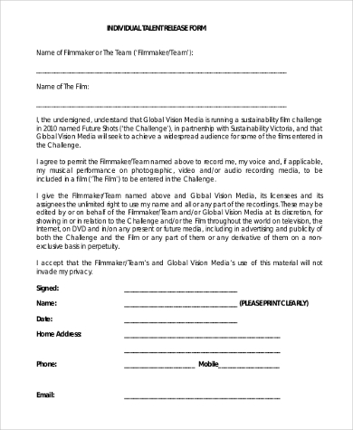 individual talent release form