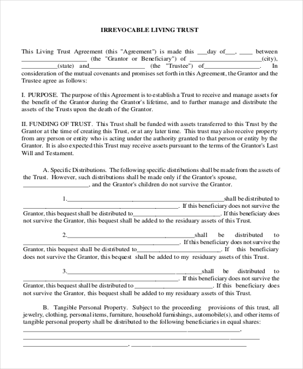 irrevocable living trust form