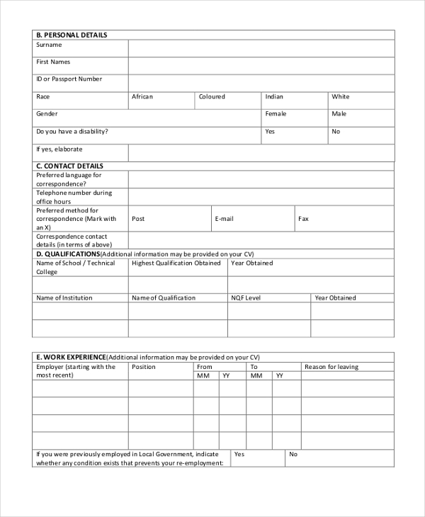 job application form for senior