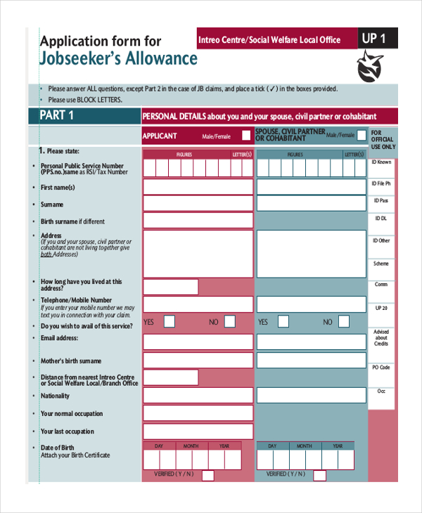 for form seekers job allowance uk application Application Job PDF, in  Form Sample Free Doc   Documents 9