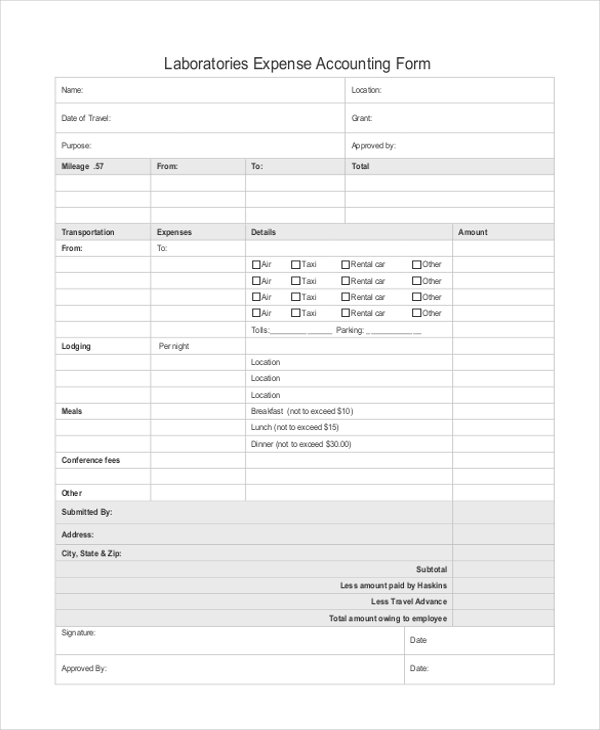 laboratories expense accounting form
