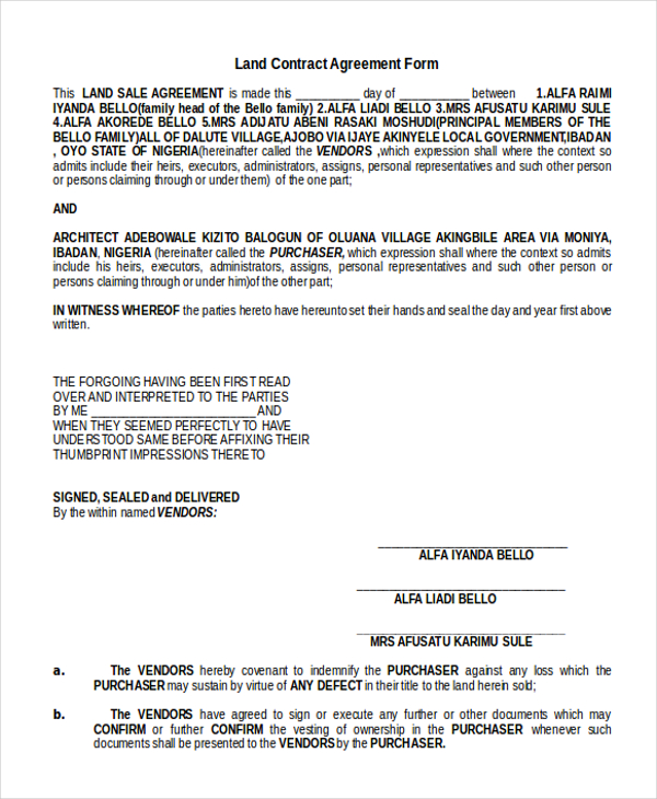 land contract agreement form