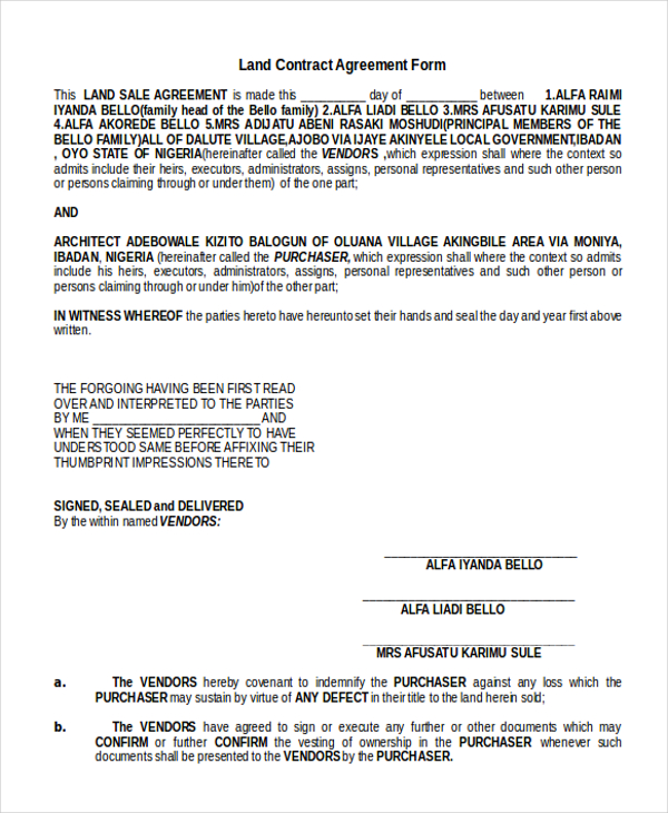 FREE 9 Sample Land Agreement Forms In PDF MS Word