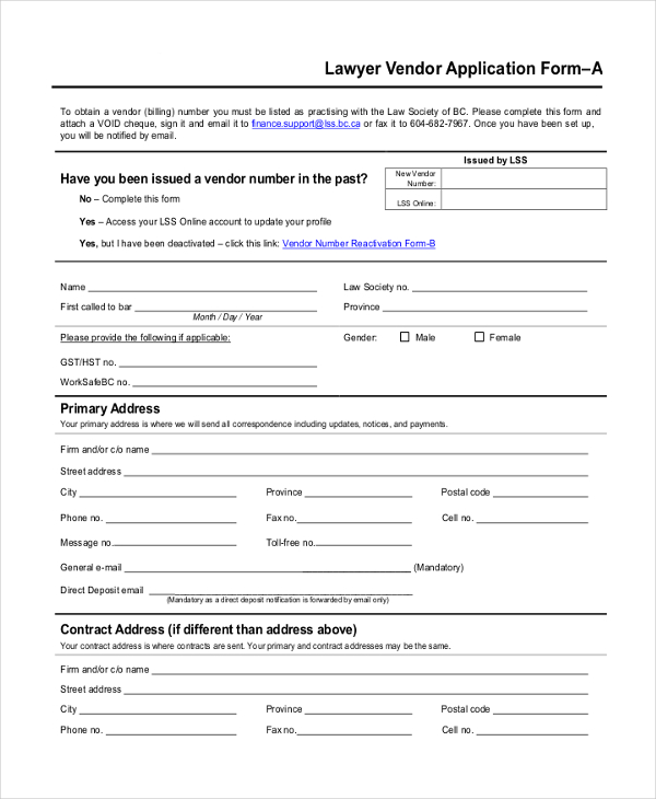 lawyer job form for application Documents  PDF Sample Application Free Form  Vendor in  8