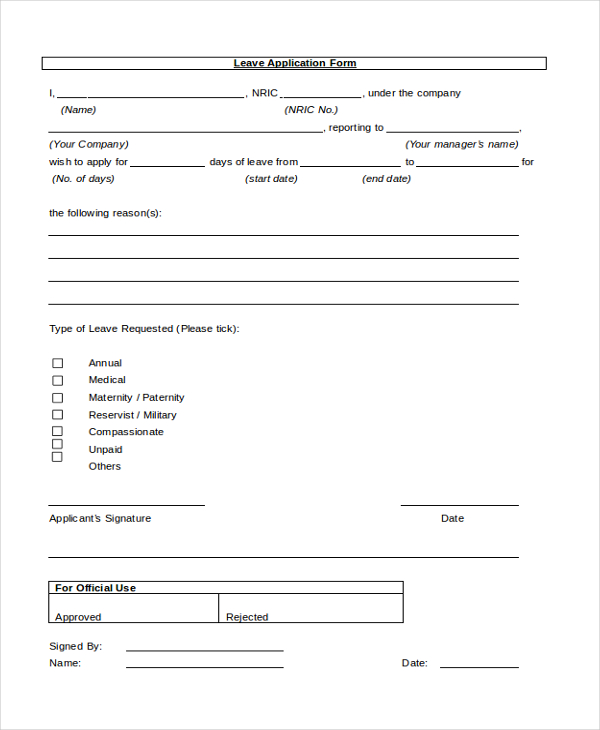 FREE 11 Sample Leave Application Forms In PDF