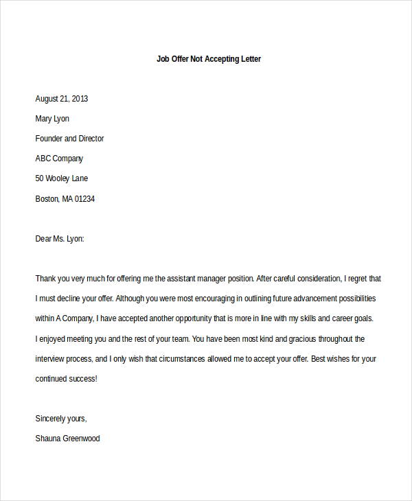 Letter To Turn Down A Job Offer from images.sampleforms.com