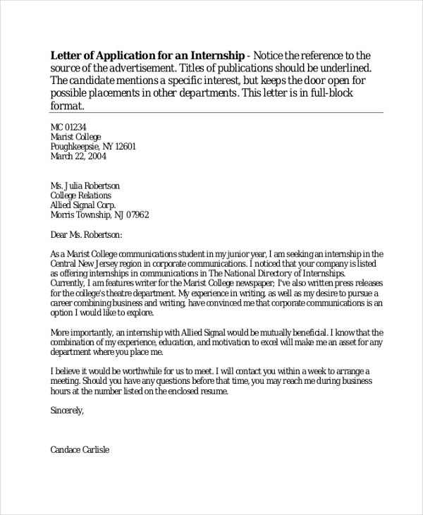 letter of application for an internship