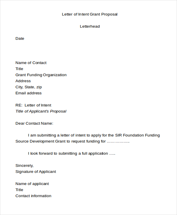 Letter Of Intent Template Grant