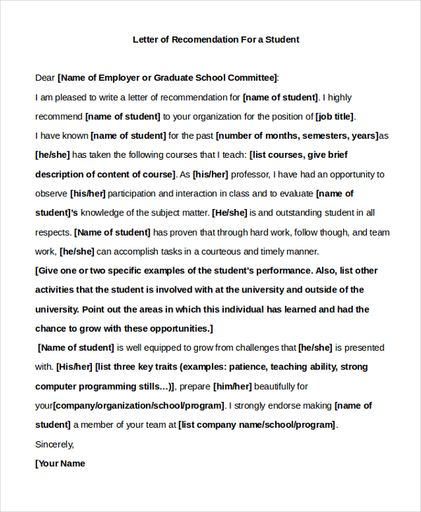 letter of recomendation for a student