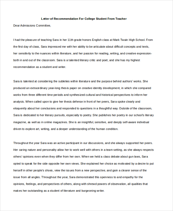 letter of recommendation for college student from teacher