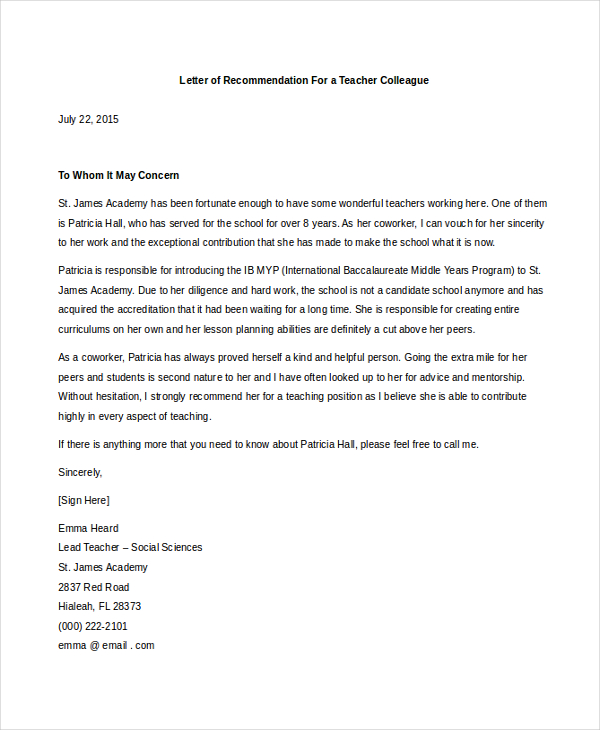 letter of recommendation for a teacher colleague