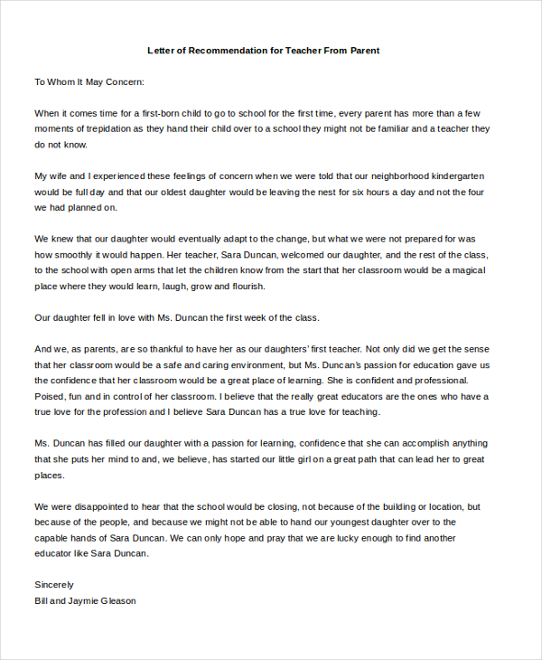 Parent Reference Letter Sample