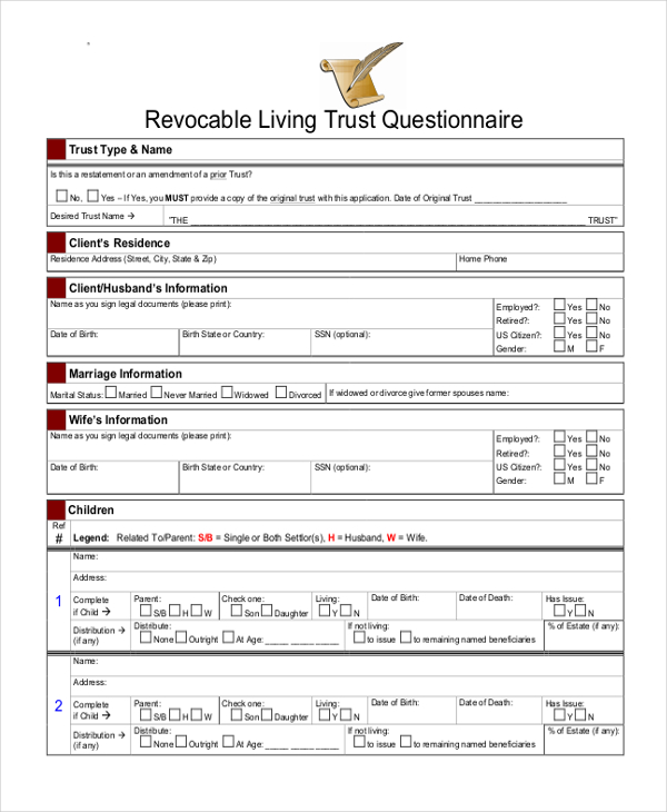 living trust questionnaire form