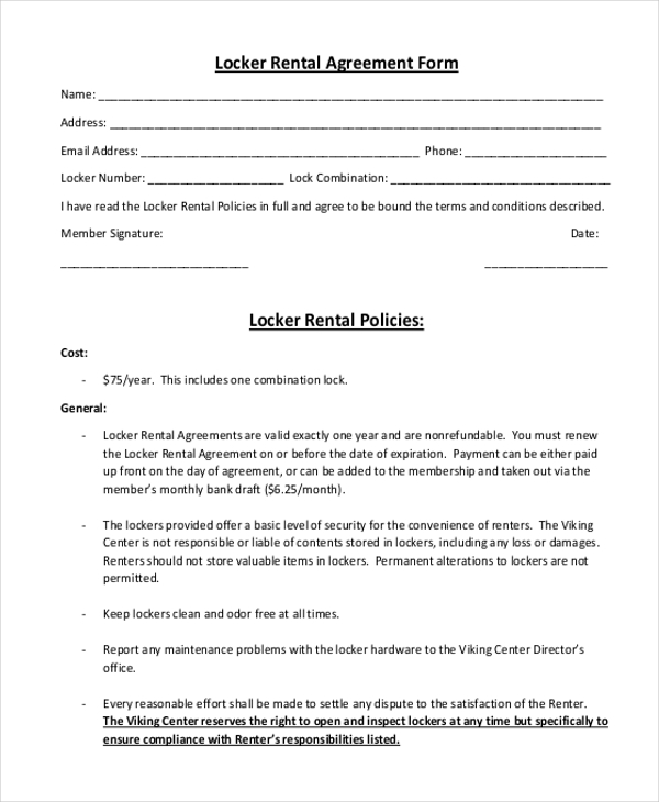 locker rental agreement form
