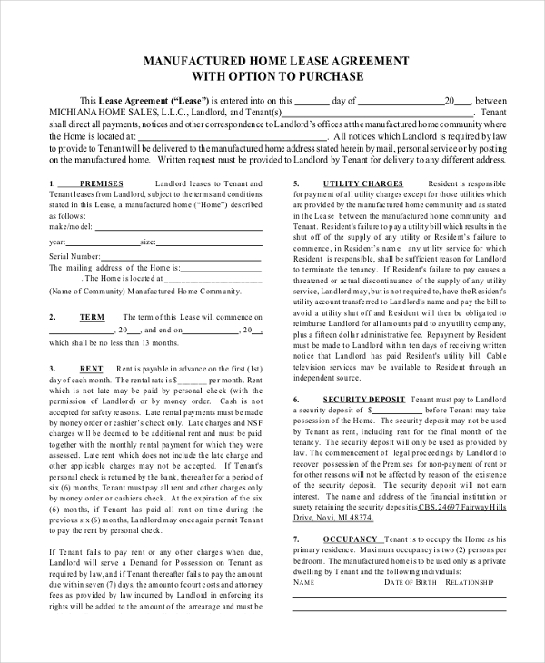 manufactured home lease agreement
