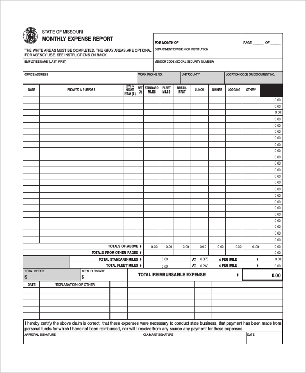 monthly expense report form