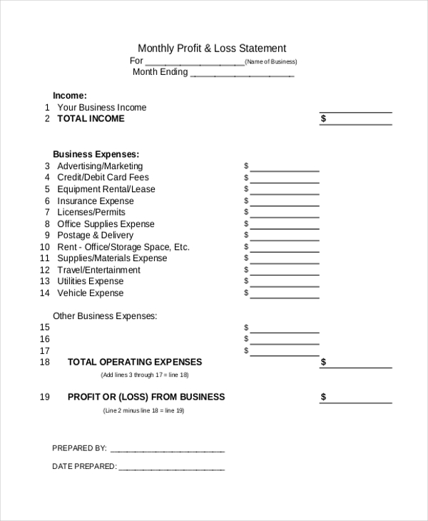 monthly profit loss statement