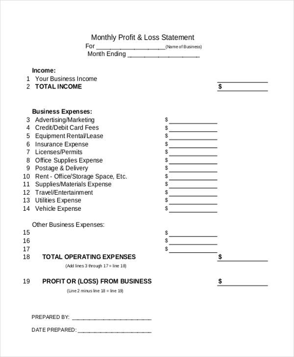 monthly profit and loss statement form