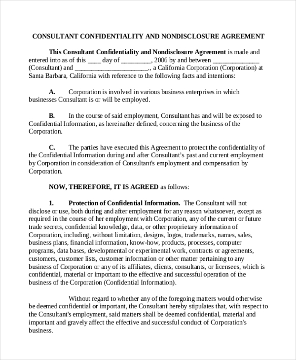non disclosure agreement format for consultant