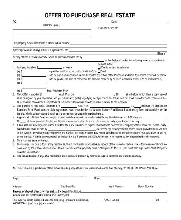 offer to purchase real estate form private sale