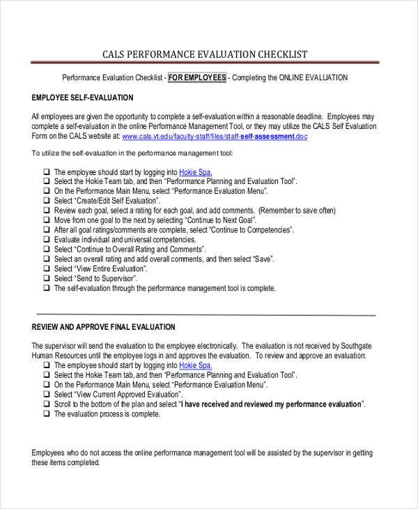performance evaluation checklist