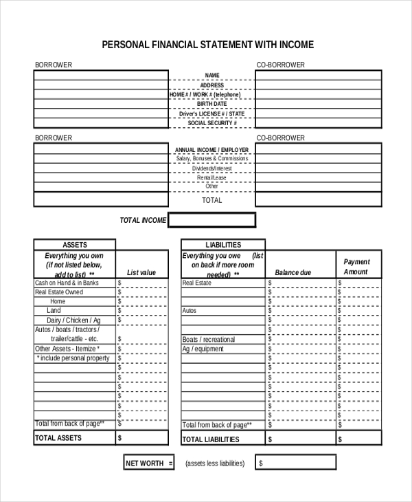 Personal financial statement form excel