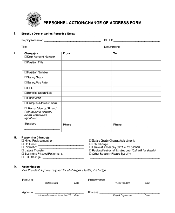 personnel action change of address form