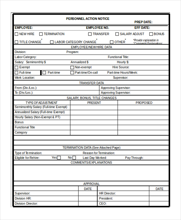 FREE 9+ Personnel Action Form Samples in MS Word | PDF | Excel