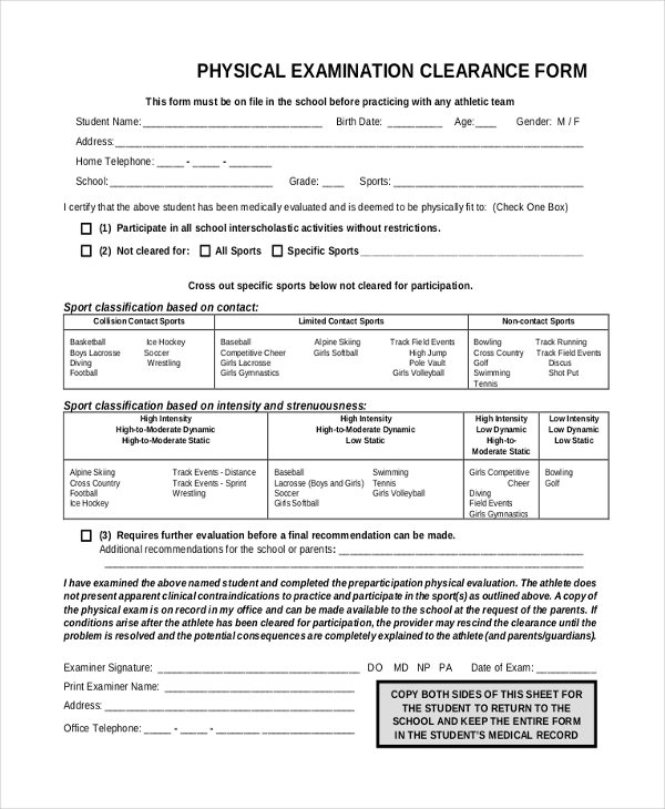 physical examination clearance form